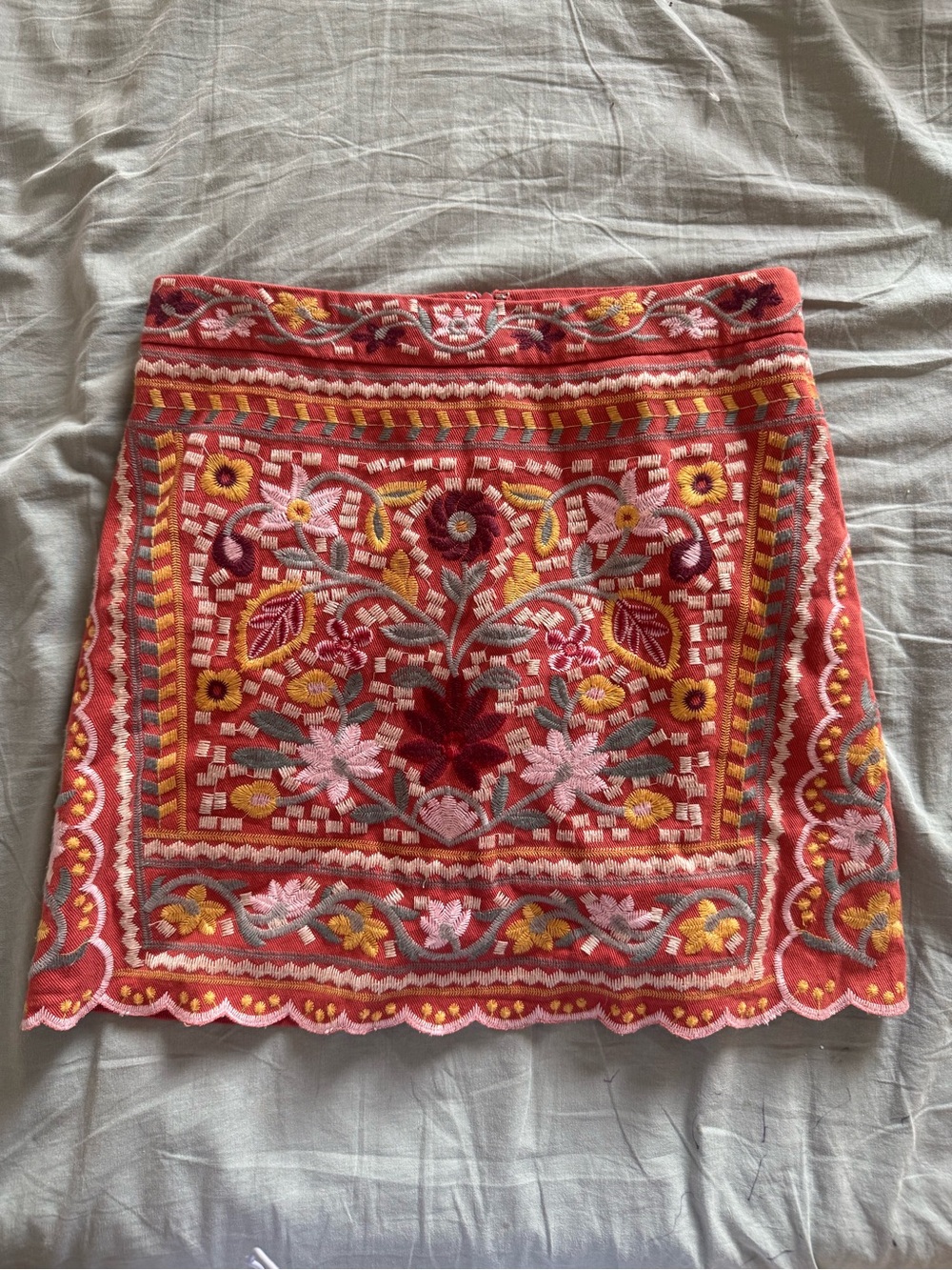 Coral Embroidered Floral Mini Skirt